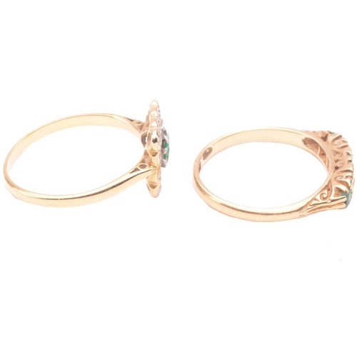 285 - An 18 carat gold and diamond half hoop ring; the graduated circular cut emeralds and round brilliant... 