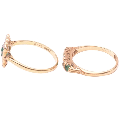 285 - An 18 carat gold and diamond half hoop ring; the graduated circular cut emeralds and round brilliant... 