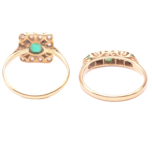 285 - An 18 carat gold and diamond half hoop ring; the graduated circular cut emeralds and round brilliant... 