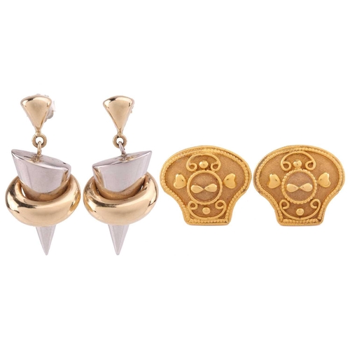 286 - Two pairs of earrings; the first pair of drop earrings each contains an upside-down cone pendant, hu... 