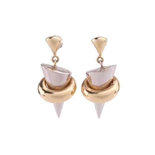286 - Two pairs of earrings; the first pair of drop earrings each contains an upside-down cone pendant, hu... 