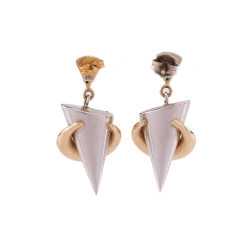 286 - Two pairs of earrings; the first pair of drop earrings each contains an upside-down cone pendant, hu... 