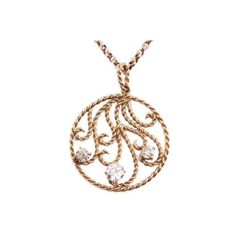 288 - A diamond pendant, set with three old cut diamonds with a total estimated weight of 1.35ct, to a cir... 