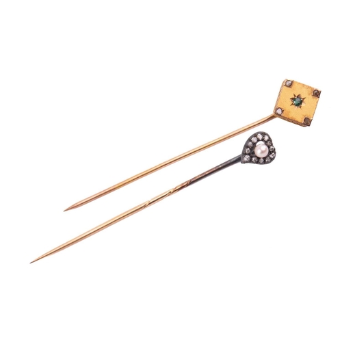 289 - A Victorian heart-shaped diamond and pearl stick pin together with an emerald and diamond stick pin.... 