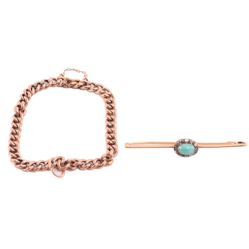 296 - A French gem-set bar brooch and a 9ct rose gold curb link bracelet; the bar brooch is centred with a... 