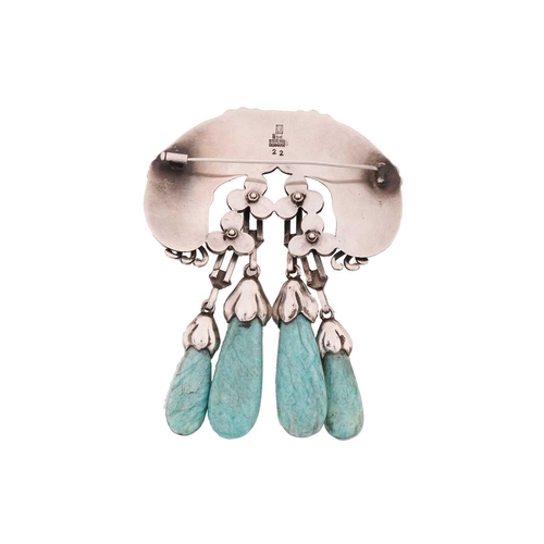 310 - Georg Jensen - a 'master brooch' of floral design, trefoil motifs set with amazonite cabochons and f... 