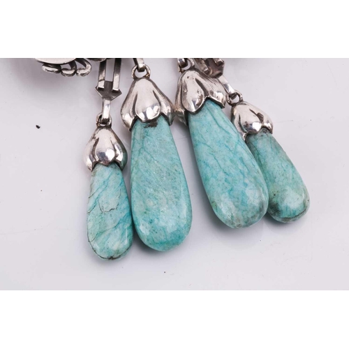 310 - Georg Jensen - a 'master brooch' of floral design, trefoil motifs set with amazonite cabochons and f... 