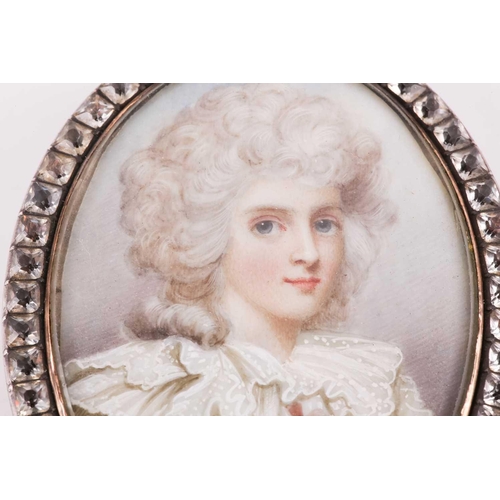 353 - A 19th century continental portrait miniature of a lady in a white ruffled dress, the glazed miniatu... 