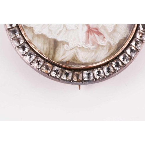 353 - A 19th century continental portrait miniature of a lady in a white ruffled dress, the glazed miniatu... 