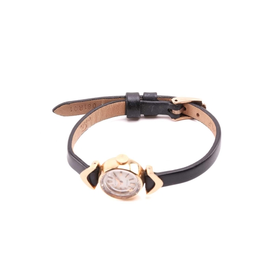 366 - A Rolex Precision yellow metal manual wind ladies wristwatch, the silvered textured dial having batt... 