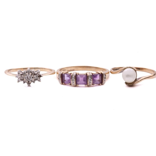37 - Three gem-set rings; the diamond cluster ring set with round brilliant cut diamonds with a total est... 