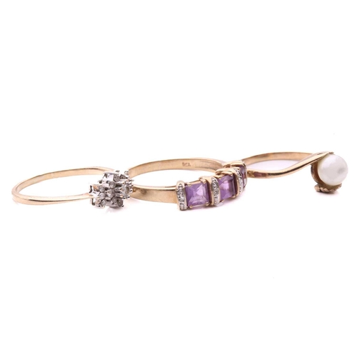 37 - Three gem-set rings; the diamond cluster ring set with round brilliant cut diamonds with a total est... 