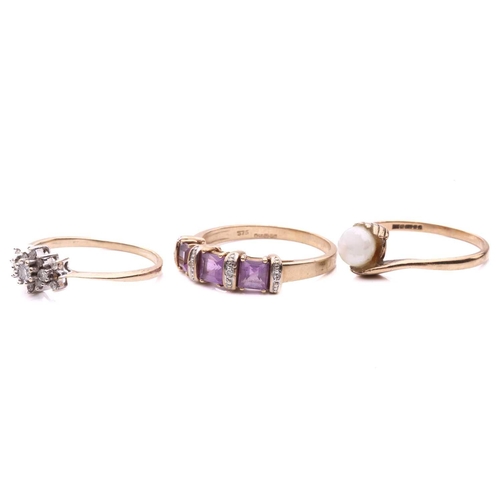 37 - Three gem-set rings; the diamond cluster ring set with round brilliant cut diamonds with a total est... 