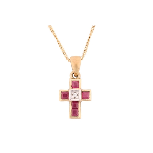 39 - A diamond solitaire ring and a gem-set cross on chain; the ring contains a brilliant-cut diamond in ... 
