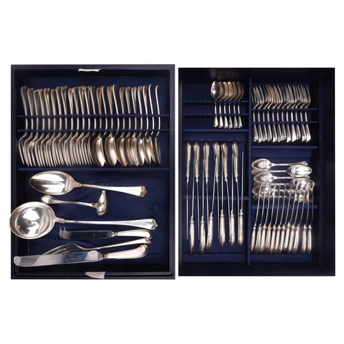483 - An Italian white metal 800 standard canteen, comprising a bread knife, a serving spoon and fork, a s... 