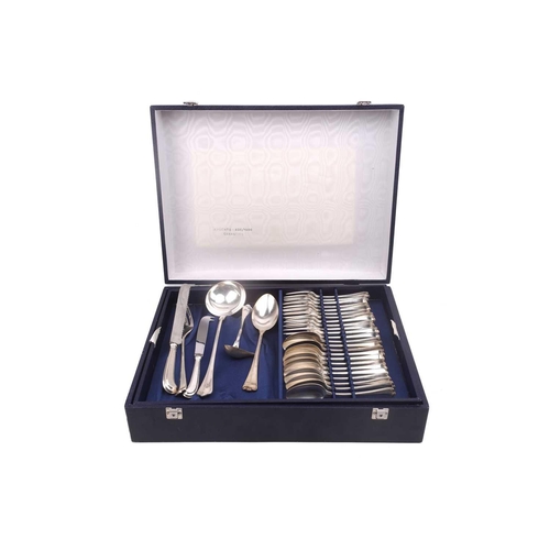483 - An Italian white metal 800 standard canteen, comprising a bread knife, a serving spoon and fork, a s... 