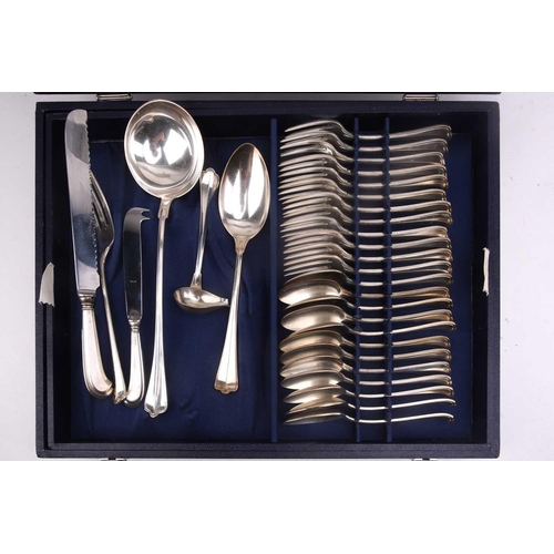483 - An Italian white metal 800 standard canteen, comprising a bread knife, a serving spoon and fork, a s... 