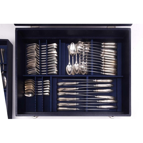 483 - An Italian white metal 800 standard canteen, comprising a bread knife, a serving spoon and fork, a s... 