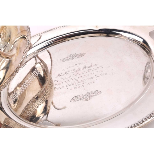 487 - A George V silver tray, Birmingham 1927, with gadroon rim, engraved 'Presented to Mr & Mrs L.M. Brah... 