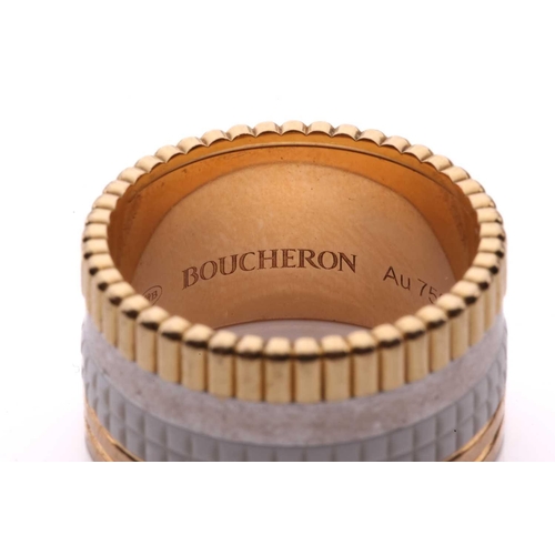 50 - Boucheron - a 'Quatre' white edition large ring in 18ct gold, edged with ribbed yellow gold and thre... 