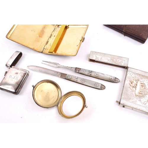 503 - A carved mother of pearl card case, a silver and guillché enamel compact, a naval cigarette case, a ... 