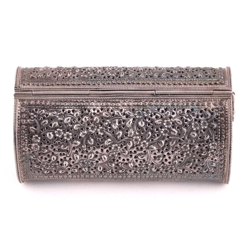 504 - A white metal clutch bag; chased and pierced foliate decoration; hinged cover and hinged clasp.Stamp... 