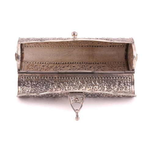 504 - A white metal clutch bag; chased and pierced foliate decoration; hinged cover and hinged clasp.Stamp... 