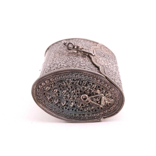 504 - A white metal clutch bag; chased and pierced foliate decoration; hinged cover and hinged clasp.Stamp... 
