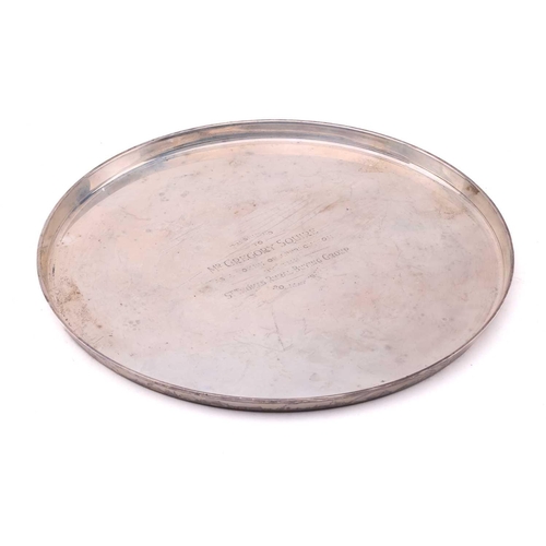 510 - A Roberts & Belk heavy silver circular tray, inscribed 