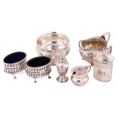513 - A George IV milk jug, hallmarked London 1825, a silver and glass mustard and matched spoon with Engl... 