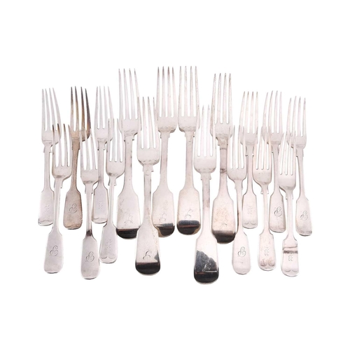 518 - A set of six William IV fiddle pattern silver table forks each engraved with an F, London 1834, toge... 