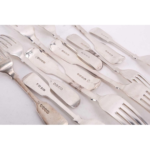 518 - A set of six William IV fiddle pattern silver table forks each engraved with an F, London 1834, toge... 