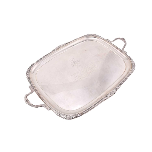 522 - A silver twin handled tea tray, by the Goldsmiths and Silversmiths Company, London 1932, rounded rec... 