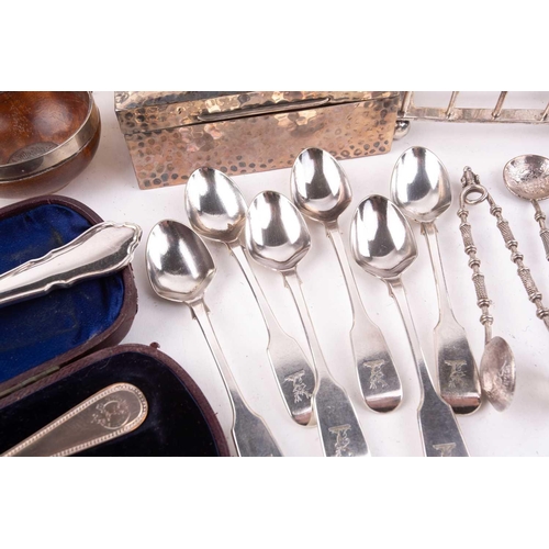 525 - A mixed quantity of silver and silver plate including a Victorian silver sugar bowl with an inscript... 