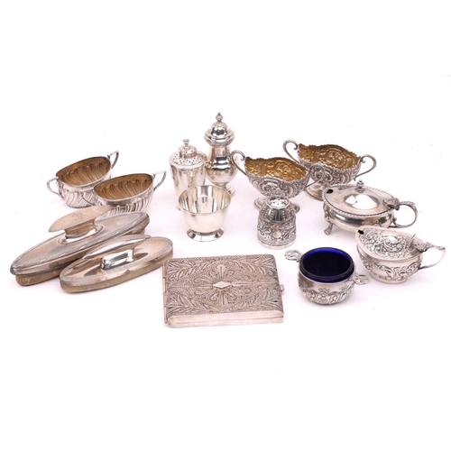 527 - A mixed collection of silver cruets, including a pair of mustard pots by William Hutton and Sons Ltd... 