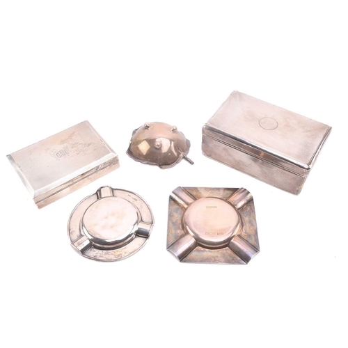 528 - A collection of silver smoking related items, comprising a square ashtray with engine turned decorat... 