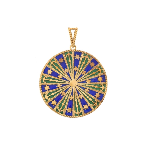 53 - A plique-à-jour enamel Rose Window pendant in 18ct gold, with nautic design motifs, green and blue e... 