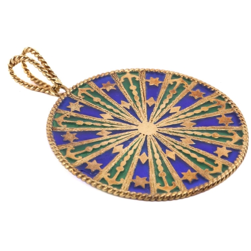 53 - A plique-à-jour enamel Rose Window pendant in 18ct gold, with nautic design motifs, green and blue e... 