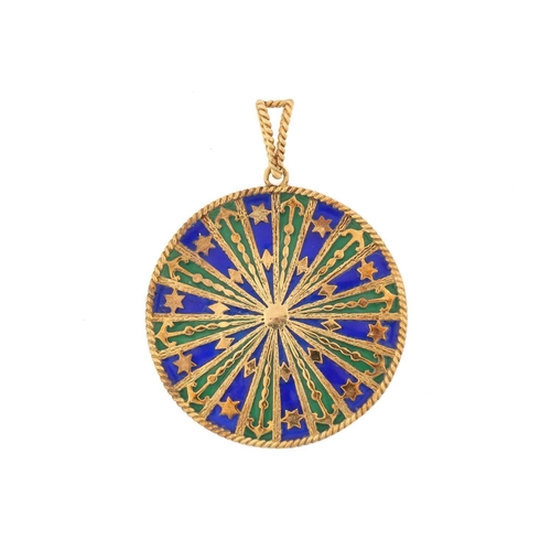 53 - A plique-à-jour enamel Rose Window pendant in 18ct gold, with nautic design motifs, green and blue e... 