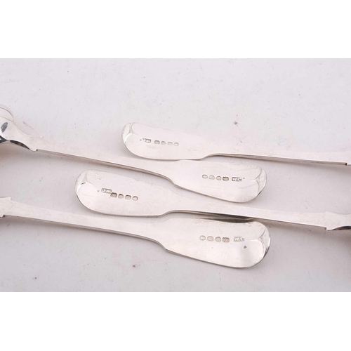 537 - A set of four William IV silver fiddle pattern serving spoons, each engraved with the initials M.D.T... 