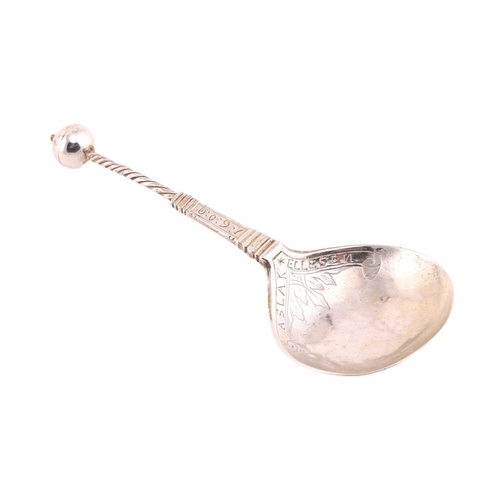 540 - An early Norwegian silver spoon dated 1600 by Josv Albeirgenn; with ball terminal above a twisted an... 