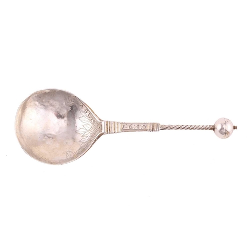 540 - An early Norwegian silver spoon dated 1600 by Josv Albeirgenn; with ball terminal above a twisted an... 