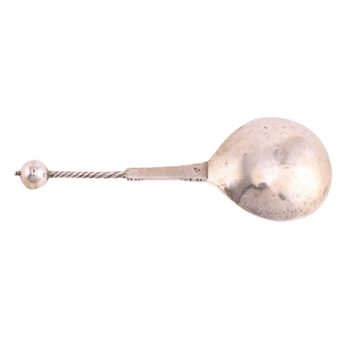 540 - An early Norwegian silver spoon dated 1600 by Josv Albeirgenn; with ball terminal above a twisted an... 