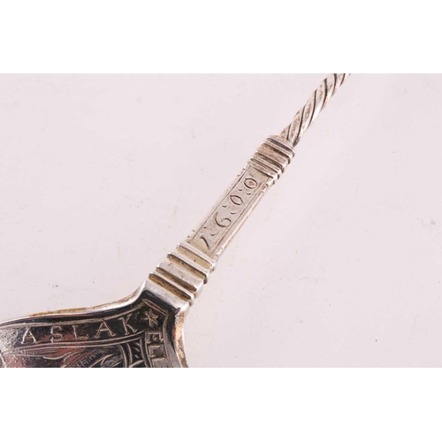 540 - An early Norwegian silver spoon dated 1600 by Josv Albeirgenn; with ball terminal above a twisted an... 