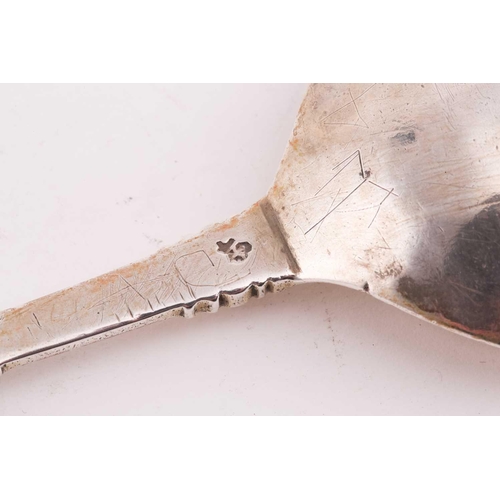 540 - An early Norwegian silver spoon dated 1600 by Josv Albeirgenn; with ball terminal above a twisted an... 