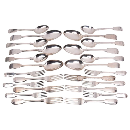 541 - A collection of various examples of silver fiddle-pattern flatware, including examples by William El... 