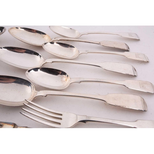 541 - A collection of various examples of silver fiddle-pattern flatware, including examples by William El... 