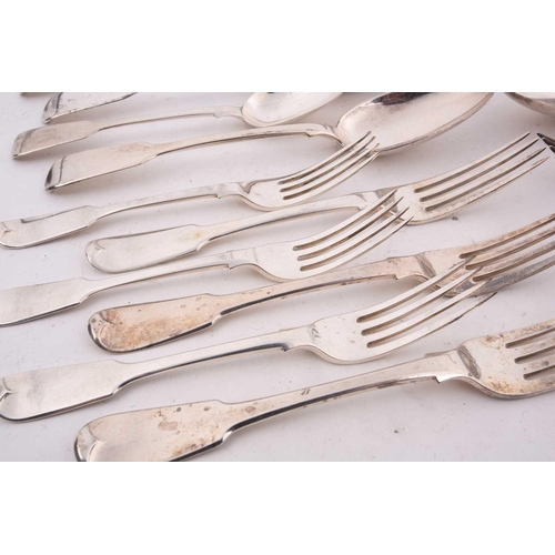 541 - A collection of various examples of silver fiddle-pattern flatware, including examples by William El... 