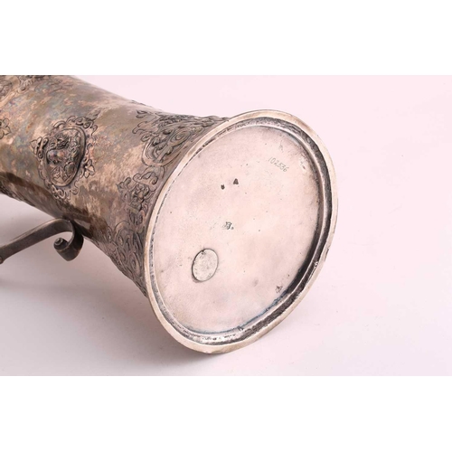 542 - A Hungarian electroplated lidded tankard. Tapering cylindrical with reeded skirt foot; the body with... 