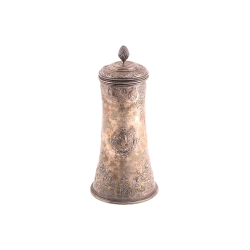 542 - A Hungarian electroplated lidded tankard. Tapering cylindrical with reeded skirt foot; the body with... 
